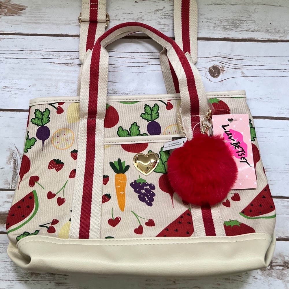 Luv Betsey NWT LBADDIE Tote Bag Veggie Multi Fruit Print Cream Red New OS